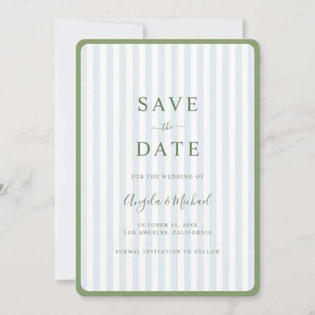 Save The Date Vert sauge et mariage à rayures bleues (Devant)