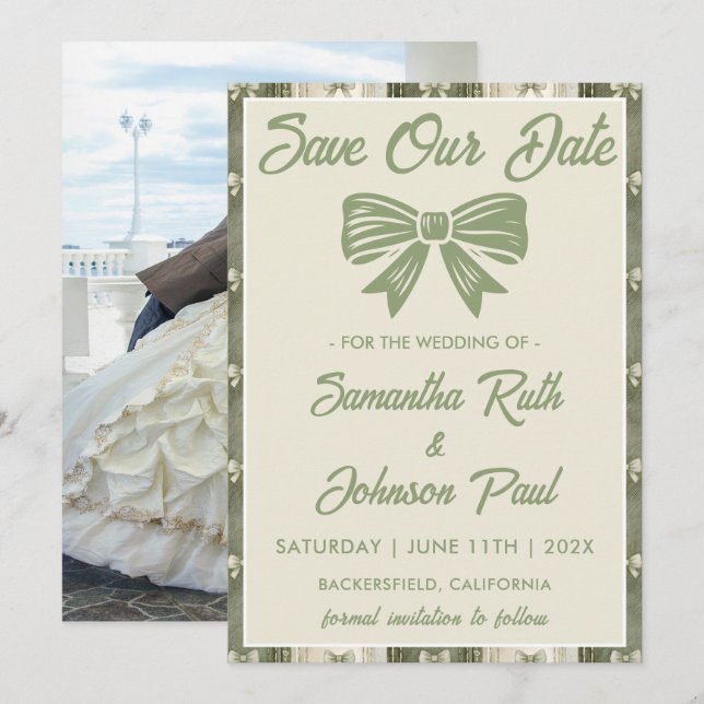 Save The Date Vert Sauge Mariage Photo Rustique Denim (Devant / Derrière)