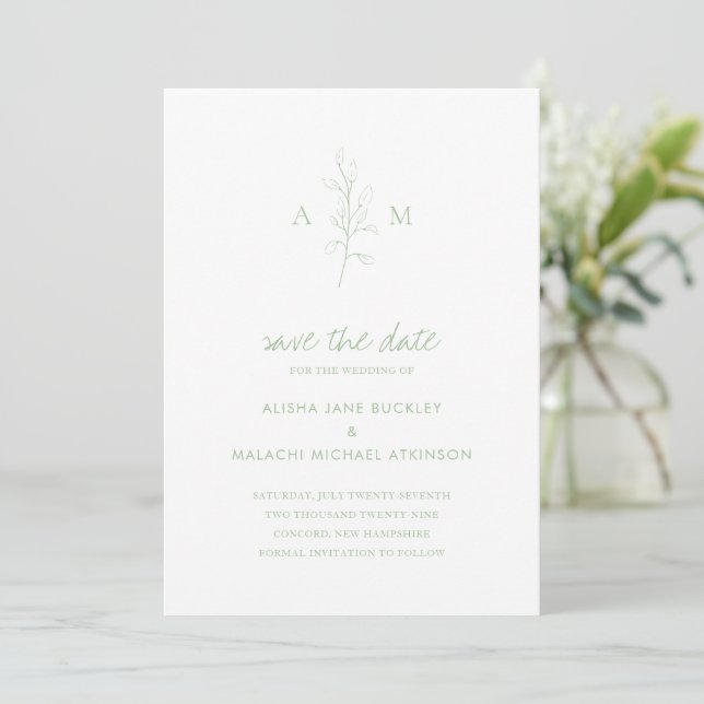 Save The Date Vert Sauge Propre Élégant Botanique Mariage (Debout devant)