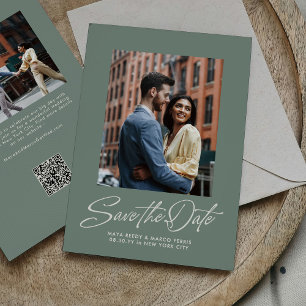 Save The Date Vert sauge tendance écriture deux photos mariage
