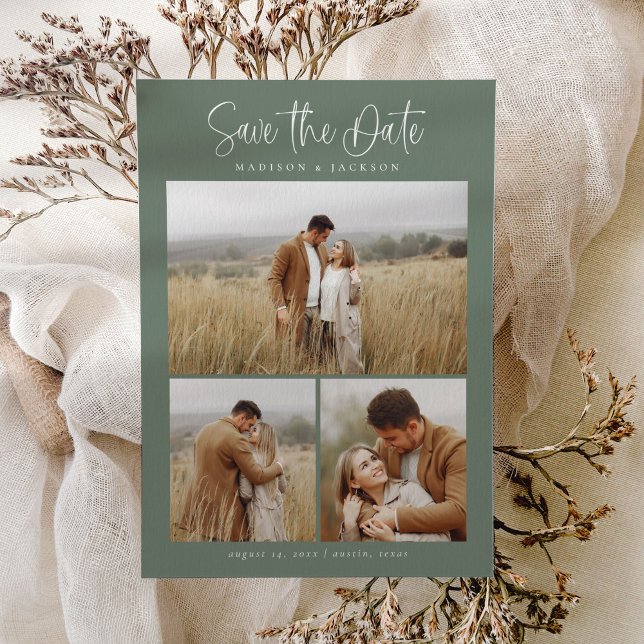 Save The Date Vert Simple Calligraphie Script Moderne Quatre Pho (Créateur téléchargé)