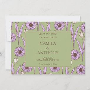Save The Date Vert violet rétro Y2K Funky Hippie Flower Motif