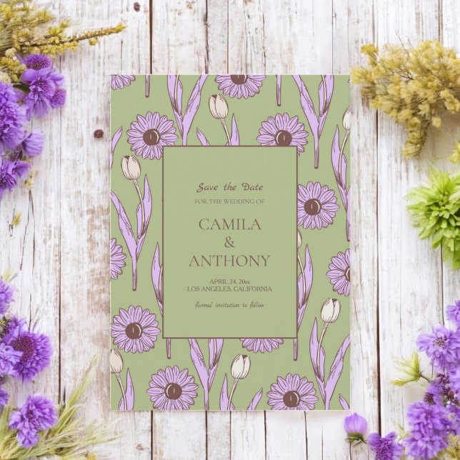 Save The Date Vert violet rétro Y2K Funky Hippie Flower Motif (Créateur téléchargé)