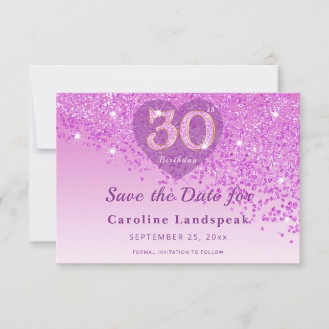Save The Date Vibrant 30th Birthday Pink Glitter Frosted Heart (Devant)