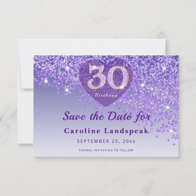 Save The Date Vibrant 30th Birthday Purple Glitter Frosted Heart (Devant)