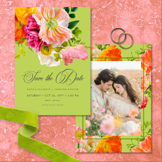 Save The Date Vibrant Summer Floral Lime Orange Pink Wedding