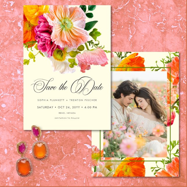 Save The Date Vibrant Summer Floral Yellow Orange Pink Photo (Vibrant Summer Floral Yellow Orange Pink Photo Save The Date)