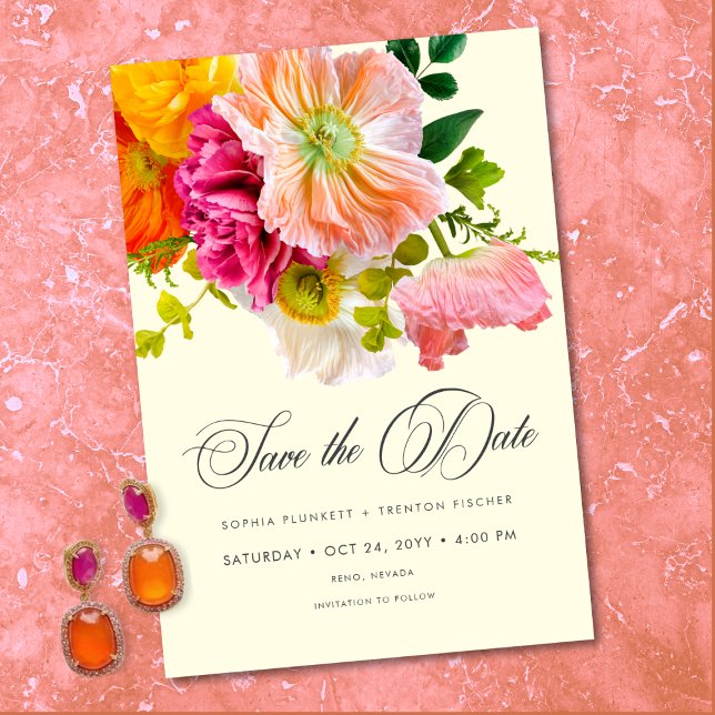 Save The Date Vibrant Summer Floral Yellow Orange Pink Wedding (Vibrant Summer Floral Yellow Orange Pink Save The Date)