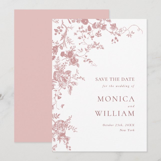 Save The Date Victorian Dusty Rose French Garden Floral Mariage (Devant / Derrière)
