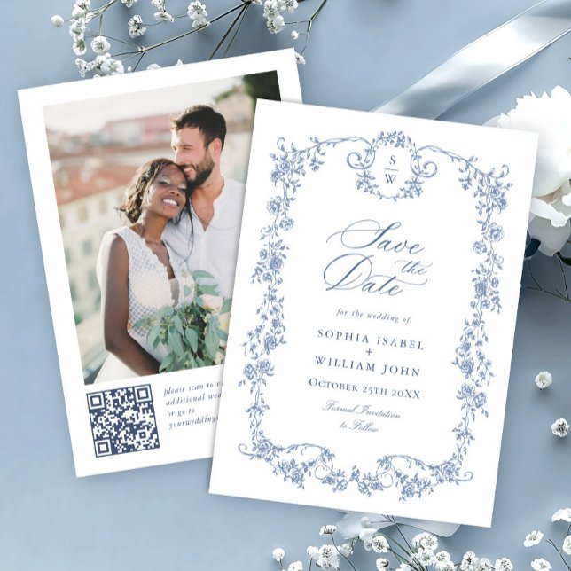 Save The Date Victorian Ornate Grace Blue Floral Code QR Mariage (Créateur téléchargé)