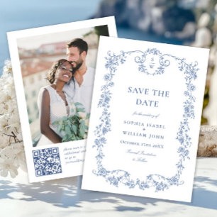 Save The Date Victorian Ornate Grace Blue Floral Code QR Mariage