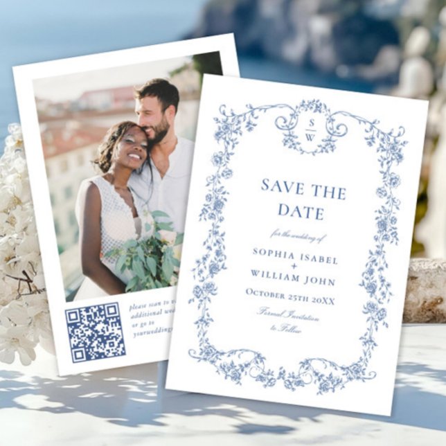 Save The Date Victorian Ornate Grace Blue Floral Code QR Mariage (Créateur téléchargé)