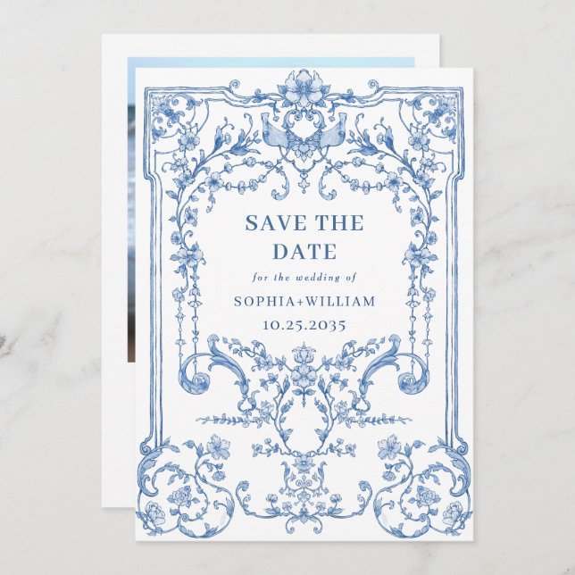Save The Date Victorian Ornate Grace Floral Blue Mariage Photo (Devant / Derrière)