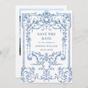 Save The Date Victorian Ornate Grace Floral Blue Mariage Photo
