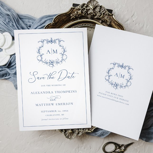 Save The Date Victorien Baroque Floral Crest Blue Mariage (Créateur téléchargé)