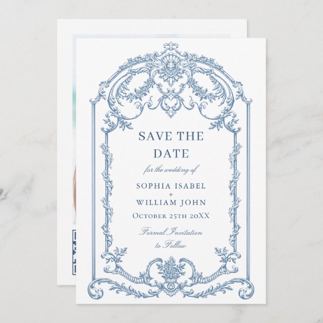 Save The Date Victorien Ornate Grace Floral Dusty Mariage bleu (Devant / Derrière)