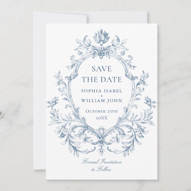 Save The Date Victorien Ornate Grace Floral Dusty Mariage bleu (Devant)
