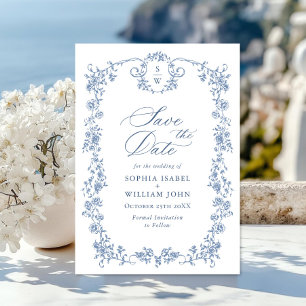 Save The Date Victorien Ornate Grace Floral Dusty Mariage bleu