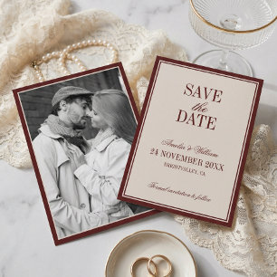 Save The Date Vieille Fortune Élégant Intemporel Bourgogne Crème