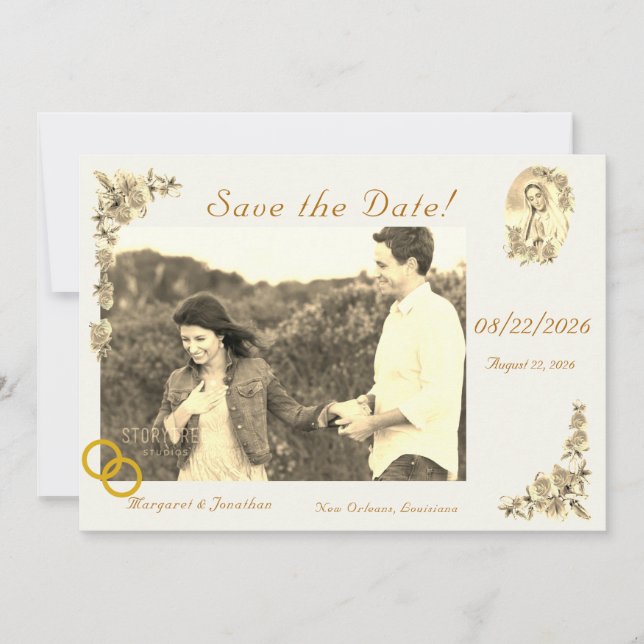 Save The Date Vierge Marie Sepia Mariage catholique Sauvez la da (Devant)