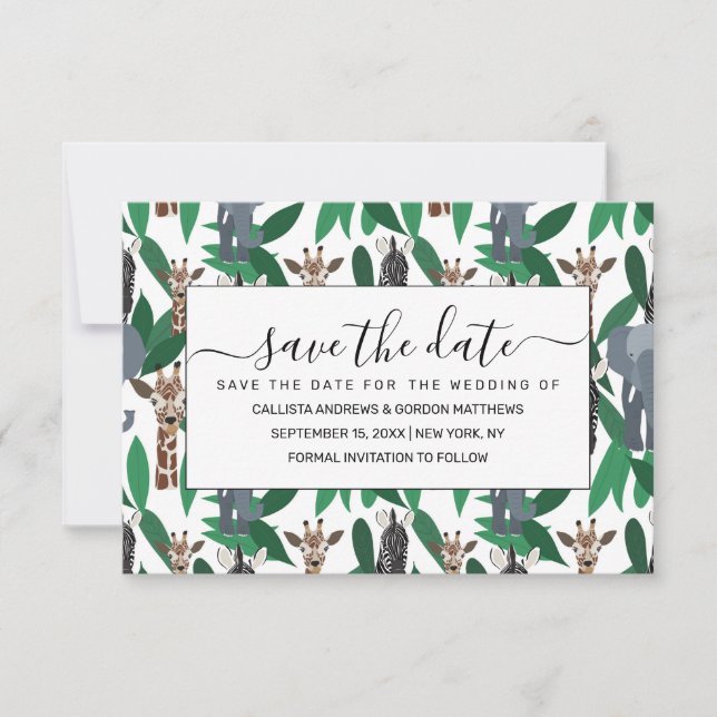 Save The Date Vierge Zebra Elephant Giraffe Safari Animals (Devant)
