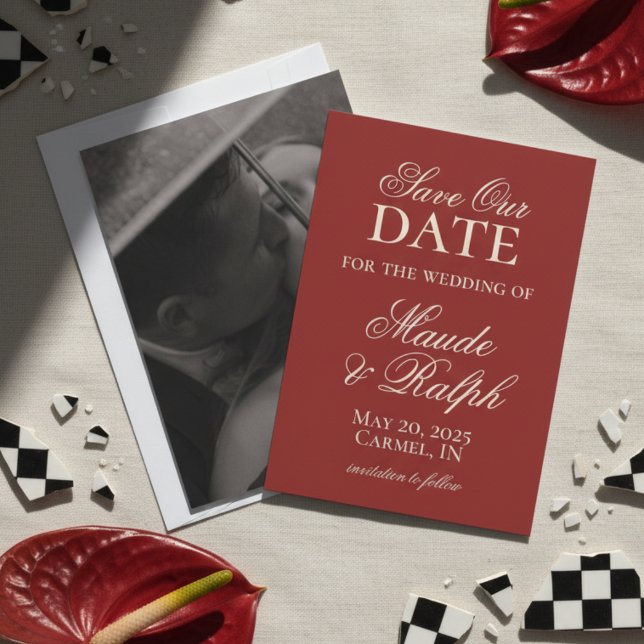 Save The Date Vieux argent Gras Rouge photo mariage Enregistrer  (Luxury Classic Red Wedding Suite Theme with options to personalize for your special day!)