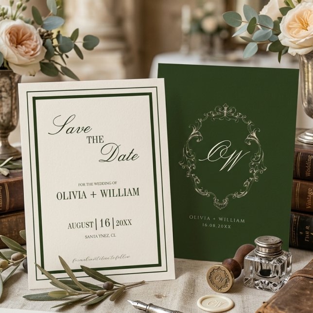 Save The Date Vieux Argent Olive Vert Élégant Monogramme Mariage (Créateur téléchargé)