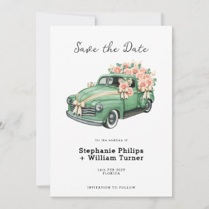 Save The Date Vieux Camion Vert de Mariage avec des Fleurs