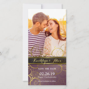 Save The Date Vignes spirales dorées Vigne violet élégante photo