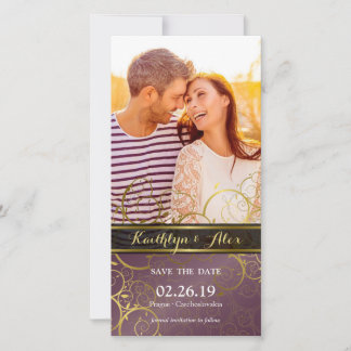 Save The Date Vignes spirales dorées Vigne violet élégante photo
