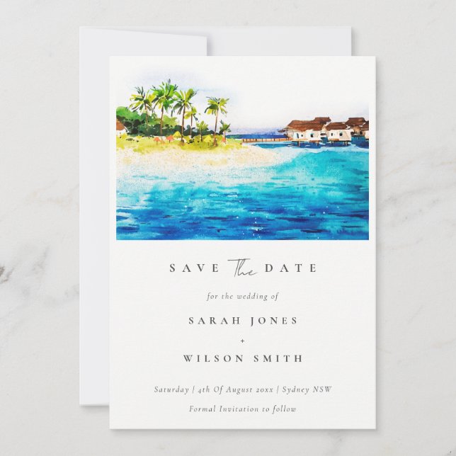 Save The Date Villa sur l'eau tropical paysage de plage palmiers (Devant)