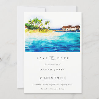 Save The Date Villa tropicale sur l'eau Paysage de plage Palmier