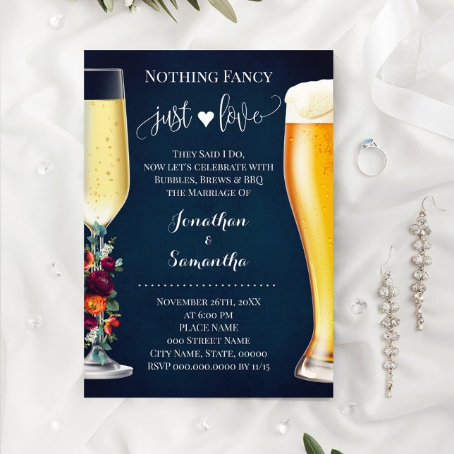 Save The Date Vin Bleu Rien De fantaisie Bubble Brew Mariage Inv (Wine Blue Nothing Fancy Just Love Bubble & Brews Wedding, We Eloped Party, Post Wedding Party)
