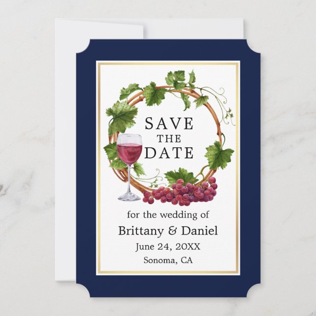 Save The Date Vins de raisin élégant moderne Aquarelle Wreath Bl (Devant)