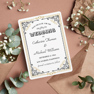 Save The Date Vintage Art Déco Elégant Black White Gold Mariage
