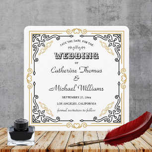 Save The Date Vintage Art Déco Elégant Black White Gold Mariage