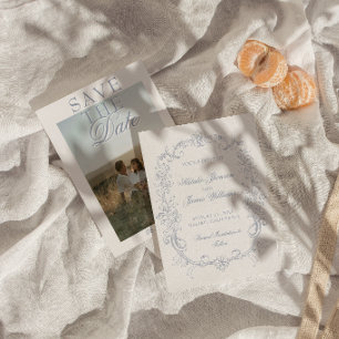 Save The Date Vintage Bleu Poussiéreux Photo Argent Sale Rouille
