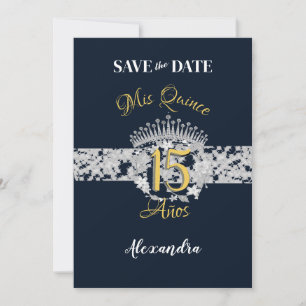 Save The Date Vintage Boho Navy Silver Quinceañera espagnol