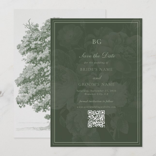 Save The Date Vintage Botanique Vert Jardin Mariage Thème (Devant / Derrière)