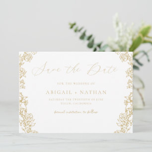 Save The Date Vintage Chinoiserie Floral Gold Wreath Mariage