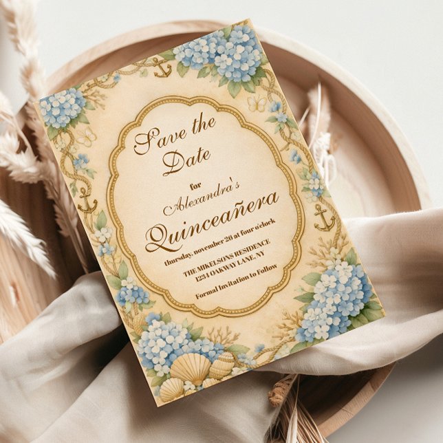 Save The Date Vintage Coastal Hydrangea Quinceañera (Créateur téléchargé)