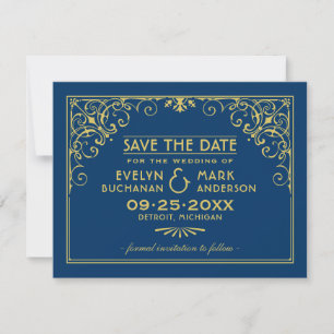 Save The Date Vintage Dark Navy Blue et Gold Art Déco Mariage
