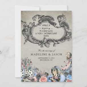 Save The Date Vintage Dusty Blue Alice à Wonderland Mariage