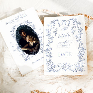 Save The Date Vintage Eleganse bleu poussiéreux Fleurs Mariage p