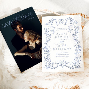 Save The Date Vintage Eleganse Dusty Blue Flowers Cadre Mariage