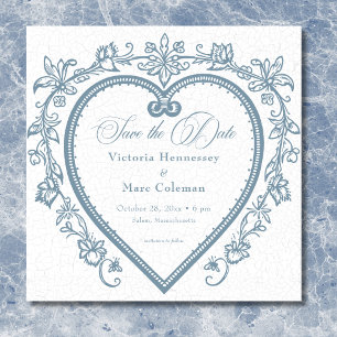 Save The Date Vintage Elegant Chinoiserie Blue Heart Mariage