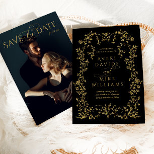 Save The Date Vintage Elegante Golden Flower Black Mariage