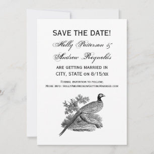 Save The Date Vintage faisan Jeu Oiseau Dessin BW