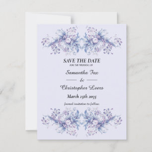 Save The Date Vintage. Fleurs bleues et lilas sur bleu clair