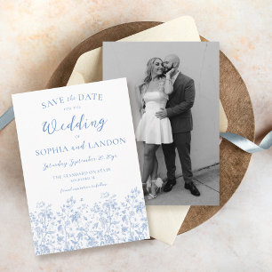 Save The Date Vintage Floral Bleu & Blanc Élégant Mariage photo